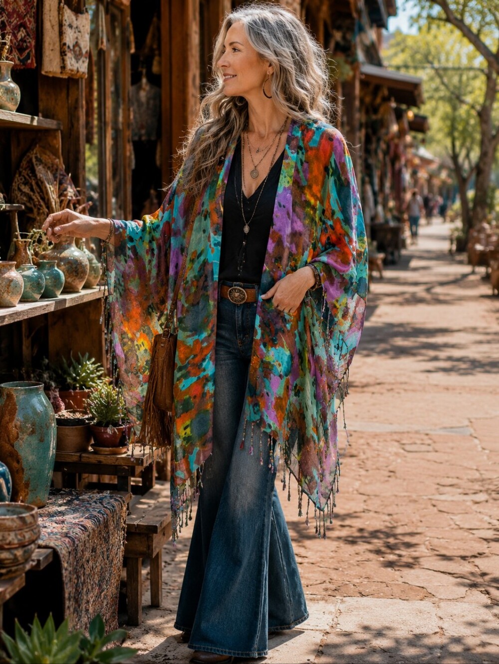Bohemian Multicolor Floral Open Kimono Sweater